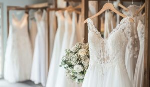 Elegant bridal gowns hanging in a boutique showcase, adorned with delicate lace and flowing fabrics, ready for future brides.