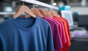 A print on demand apparel facility uses a bank of direct to garment printers to create custom clothing. The personalized fashion and promotional products are made to order
